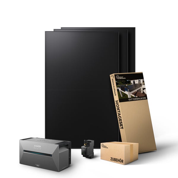 Kleines Kraftwerk Balkonkraftwerk Komplettset mit Solarmodulen, Anker SOLIX Solarbank 2 Pro, Montageset für Gitterbalkon und Zubehörbox.