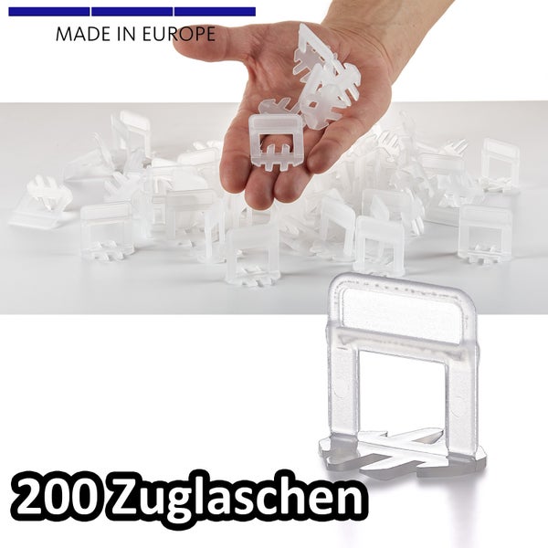 BigDean 200 Laschen 2mm - Fliesen Nivelliersystem - Frei wählbar - Riesen Auswahl an Fliesenkeilen & Zuglaschen - Verlegehilfe Fliesenleger Set - Made in Europe