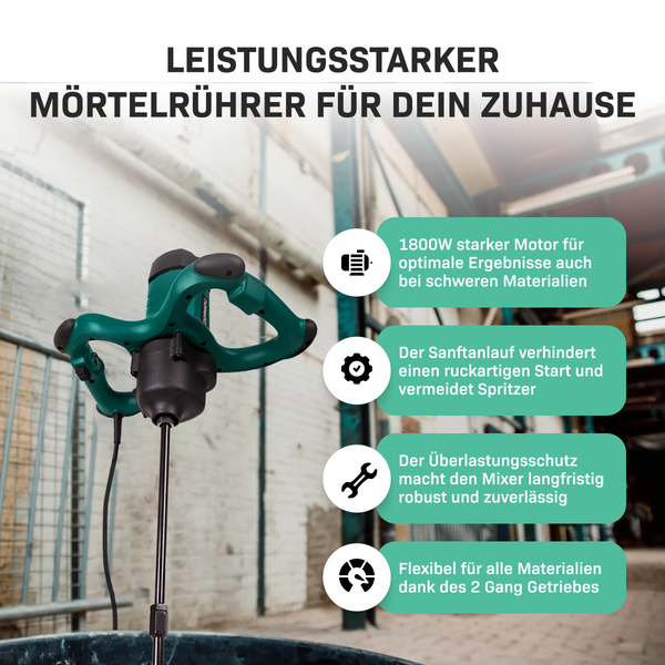VONROC Betonmischer inkl. Rührwerk [1800W] - Quirl Mörtelrührer [mit Sanftanlauf] für Beton, Zement, Farbe, Mörtel - 2 Geschwindigkeitsmodi