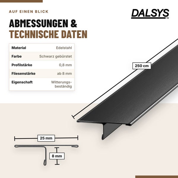 Technische Zeichnung der Dalsys Edelstahlschiene mit Bemaßung und Materialinformationen für Fliesen.
