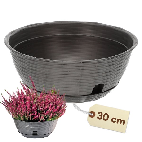 Grauer Pflanztopf mit Heidekraut und Grössenangabe 30 cm