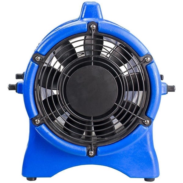 Blauer Axiallüfter mit Schutzgitter