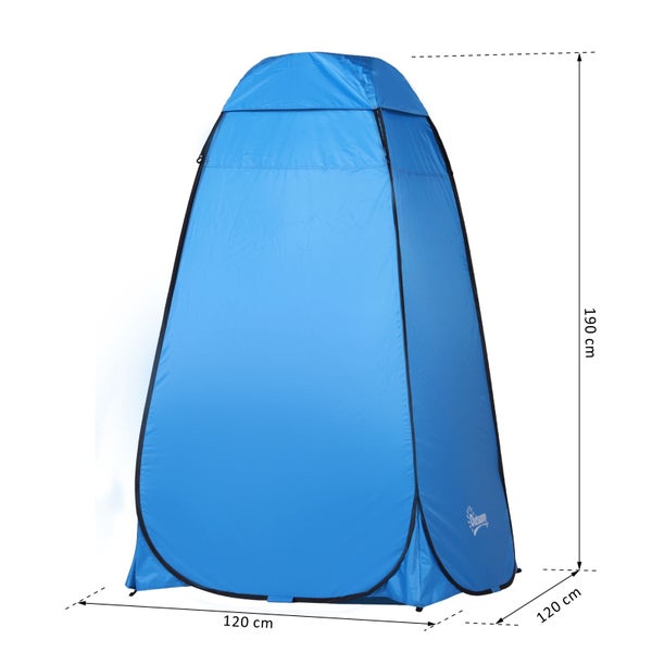 Blaues Umkleidezelt mit Maßen 120 mal 120 mal 190 Zentimeter für Camping, Outsunny Logo.
