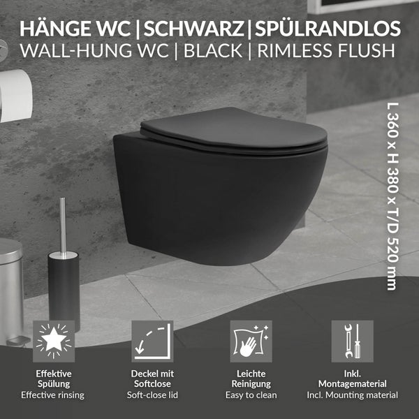 ECD Germany Hänge-WC lang, spülrandlos, schwarz matt, Wand-WC mit WC-Sitz abnehmbar aus Duroplast Softclose Absenkautomatik, Tiefspüler langer Ausladung 52 cm, Toilette aus Sanitärkeramik, Tiefspül-WC