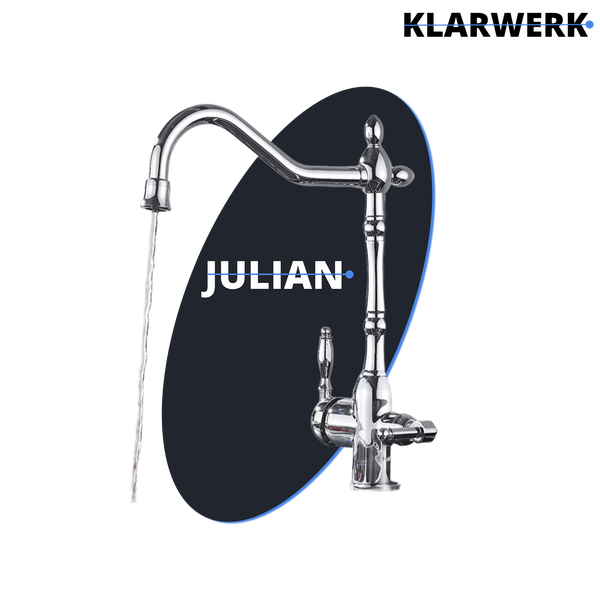 Julian | Vintage 3 Wege Chrom glänzend Filtermatur | Gastronomie Edelstahl Osmose Wasserhahn Küche | Mischbatterie Retro 360° Filter 3 Anschlüsse