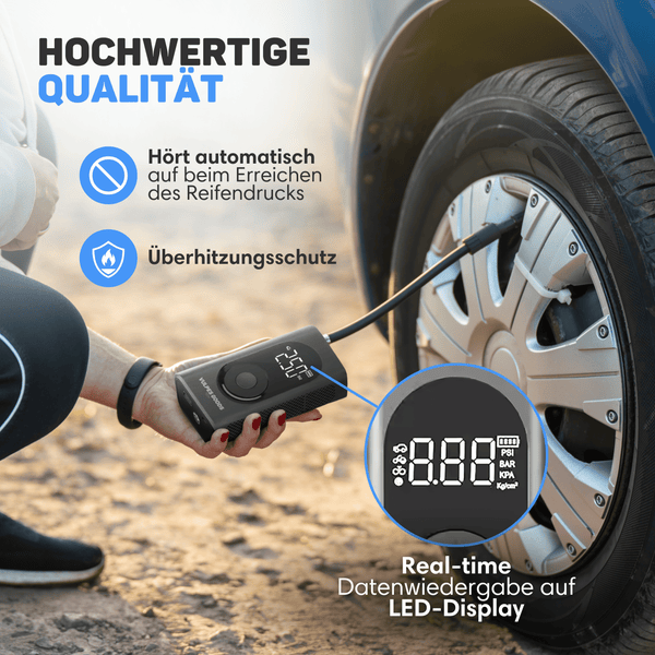 Vulpes Goods Luftkompressor - Tragbarer Kompressor - 6400mAh - Kompressor für Auto, Scooter, Fahrrad, Ball -