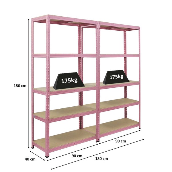 Berlinlodge Mega Deal 2x Wohnregal PINK LADY, HxBxT 180x90x40cm, Fachlast 175kg, 5 Ebenen, Pink, Bücherregal, Standregal, Büroregal für Wohnzimmer, Schlafzimmer, Arbeitszimmer