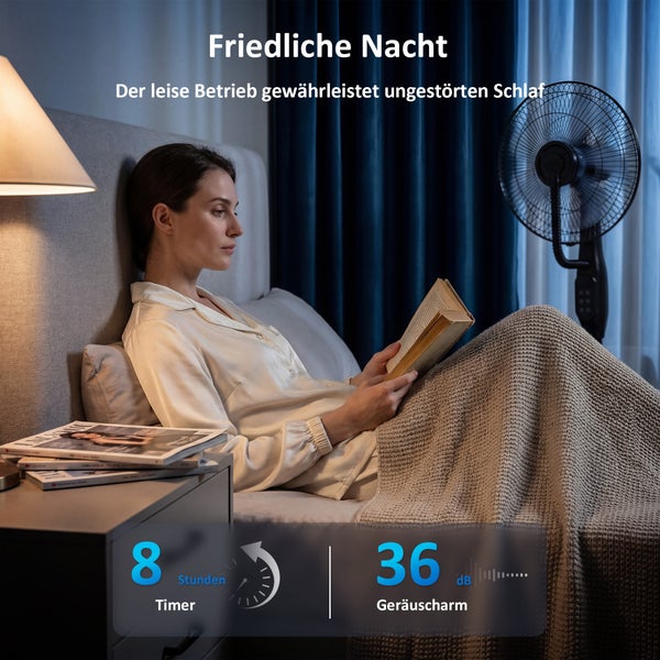 Schlafzimmer mit lesender Frau im Bett und schwarzem Standventilator mit acht Stunden Timer und sechsunddreißig Dezibel Lautstärke.