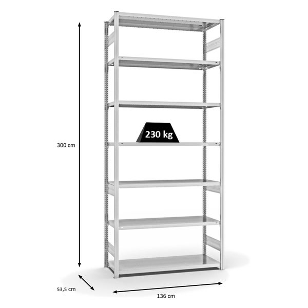PROREGAL Fachbodenregal Stecksystem T-Profil Medium-Duty Grundregal HxBxT 300 x 130 x 50 cm 7 Ebenen Fachlast 230 kg Beidseitig Nutzbar Lichtgrau