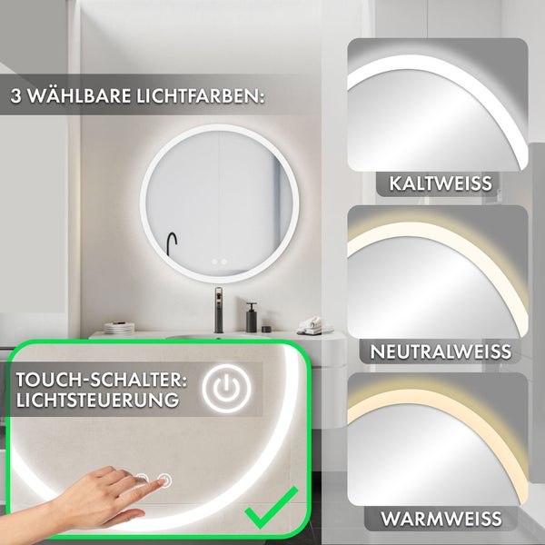 Floordirekt Badspiegel Liora mit LED-Beleuchtung Touch-Bedienung Weiß Ø 70 cm