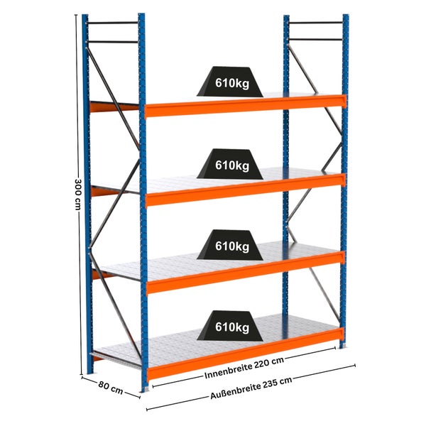 Schwerlastregal mit vier Regalböden, 300 cm hoch, 80 cm tief, Innenbreite 220 cm, Aussenbreite 235 cm, Traglast 610 kg pro Regalboden