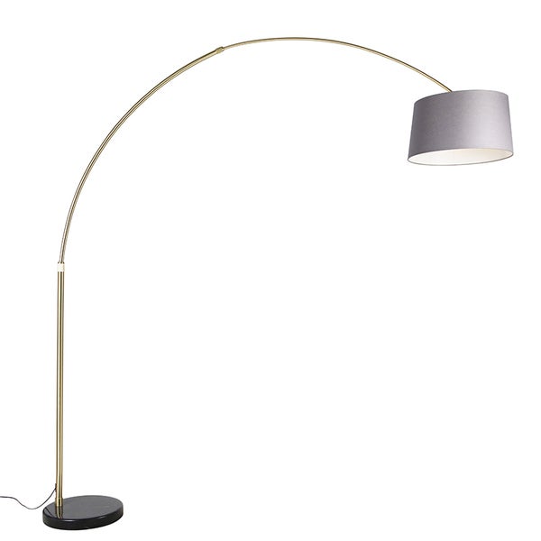 QAZQA - Modern Bogenlampe Messing mit Marmorstoffschirm grau 45 cm - XXL I Wohnzimmer I Schlafzimmer - Stahl Länglich - LED geeignet E27