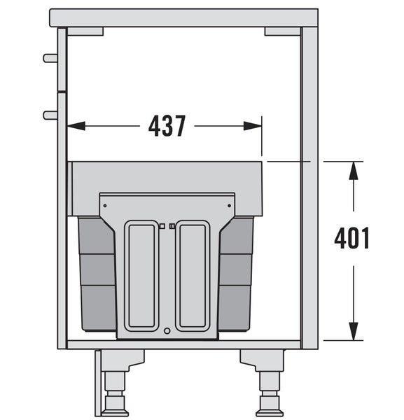Technische Zeichnung eines Waschbeckenunterschranks mit Maßangaben