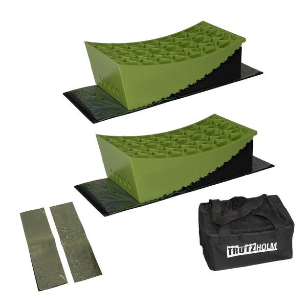 Zwei Caravan-Levelkeile mit Anti-Rutsch-Matten, Traktionsblechen und TrutzHolm Logo Tragetasche