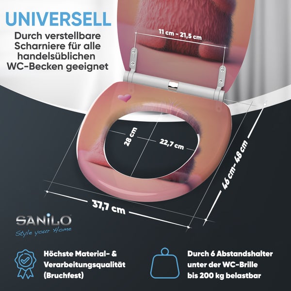Toilettensitz mit rosa Monster-Motiv, Montage von oben, inklusive Material und Schraubendreher, Lochabstand 11 bis 21,5 Zentimeter, Sanilo Logo.