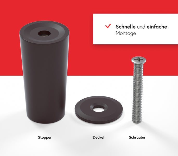 Stopper, Deckel und Schraube für eine schnelle und einfache Montage
