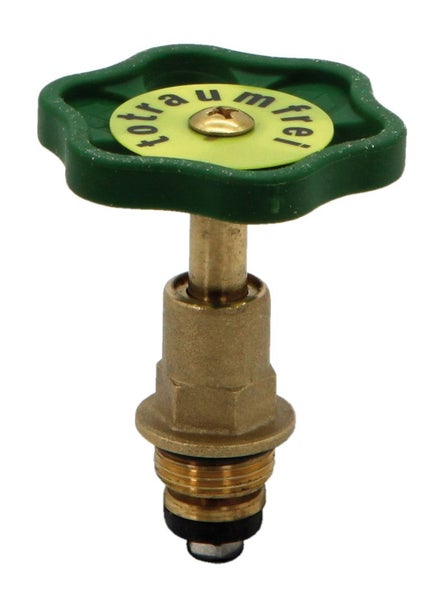 Messing-Oberteil für Schrägsitzventile mit grünem Handrad, totraumfrei.