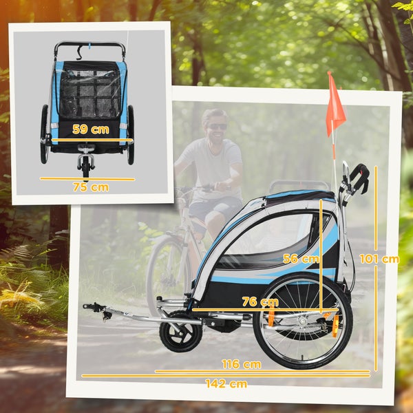 HOMCOM 2 in 1 Kinderanhänger klappbar Fahrradanhänger mit abnehmbarem Vorderrad, Hinterradbremsen, Kinderfahrradanhänger für 2 Kinder ab 18 Monate, bis 26,4 kg belastbar, Blau