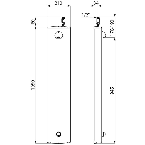 Technische Zeichnung eines Duschpaneels mit Maßangaben in Millimeter: Höhe 1050, Breite 210, Tiefe 34 und ein halb Zoll Anschluss.