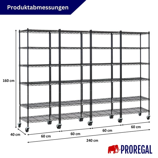 Gitterregal auf Rollen: Höhe 160, Breite 240, Tiefe 40 Zentimeter. 4 Segmente je 60 Zentimeter. Proregal Logo.