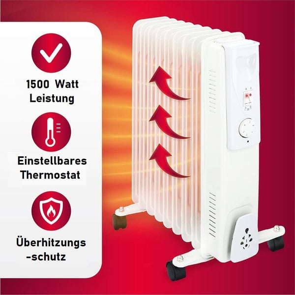 JUNG TECHWOOD TCG62 Heizung Elektrisch mit Thermostat, Ölradiator 450 Watt Energiesparend, mobile Elektroheizung für Räume bis 15qm, Elektrische Heizgerät Mobil mit 5 Lamellen