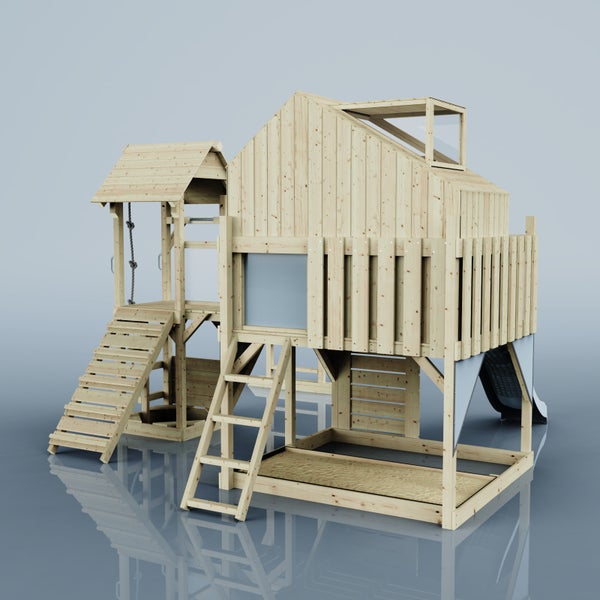 Spielhaus aus Holz mit Rutsche, Leiter und Schaukel