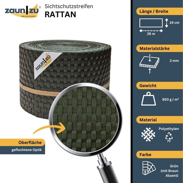 Zaun zu Sichtschutzstreifen aus Rattan, Länge 26 Meter, Materialstärke 2 Millimeter, Gewicht 850 Gramm pro Quadratmeter, Material Polyethylen, Farbe Grün mit Braun Akzent