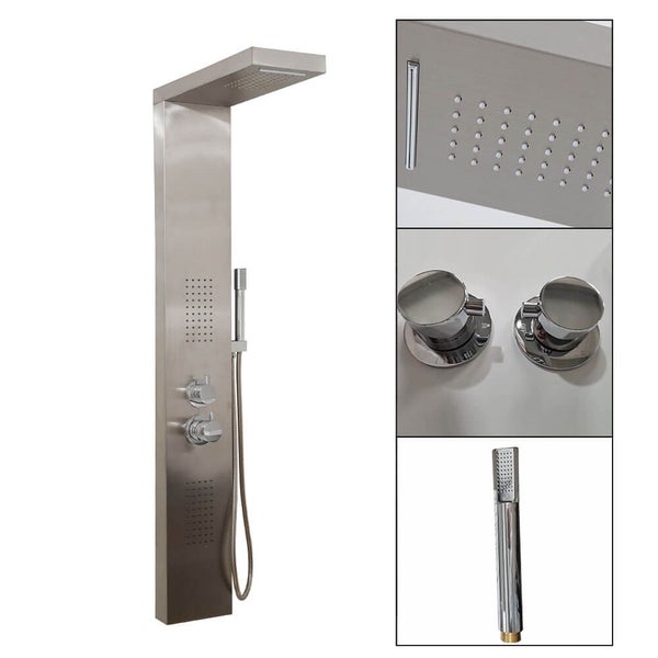 Duschpaneel aus Edelstahl mit integrierter Kopfbrause, Handbrause und Massagedüsen inklusive Bedienelementen für die Wandmontage.