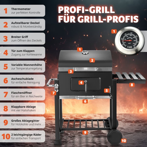 Holzkohlegrill tectake Florian 115 x 65 x 107 cm mit 2 Rädern schwarz