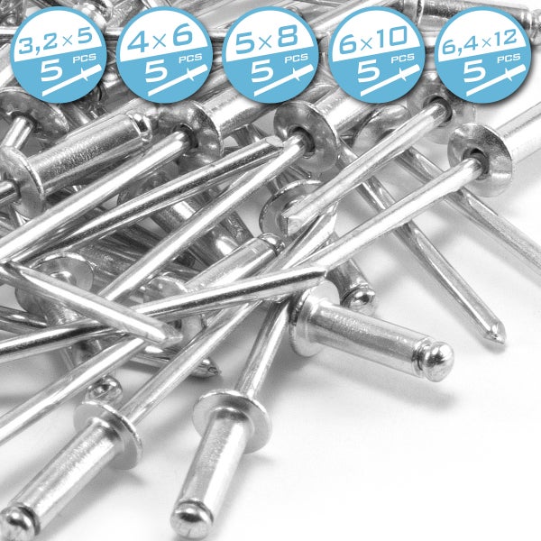 Blindnieten Set in verschiedenen Größen: 3,2 mal 5, 4 mal 6, 5 mal 8, 6 mal 10 und 6,4 mal 12 Millimeter, jeweils 5 Stück.