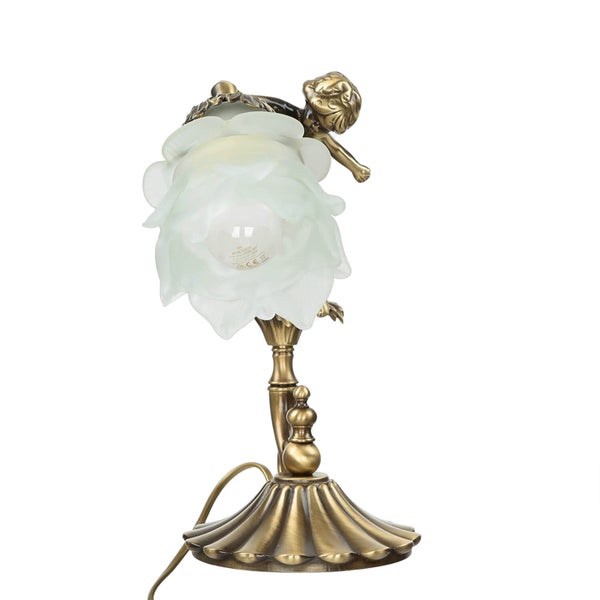 Tischleuchte mit Engel und Lampenschirm in Blütenform