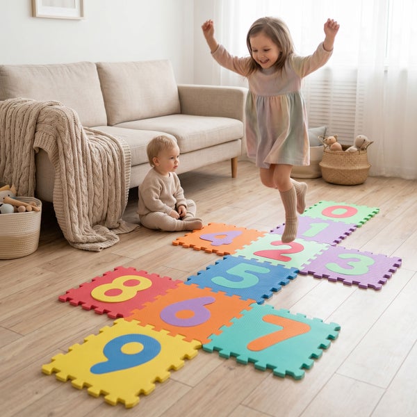 Kinder spielen auf bunten Schaumstoff-Puzzlematten mit Zahlen in einem hellen, organisierten Wohnzimmer mit Boden in Holzoptik und beigem Sofa.
