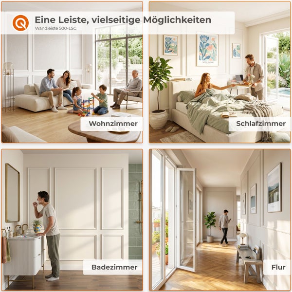 Wandleiste 500-LSC zur stilvollen Wandgestaltung in verschiedenen Wohnräumen wie Wohnzimmer, Schlafzimmer, Badezimmer und Flur.