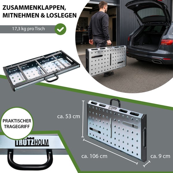 Zusammenklappbarer Trutzholm Arbeitstisch mit Tragegriff, 17,3 Kilogramm Gewicht, Maße circa 106 mal 53 mal 9 Zentimeter, für einfachen Transport.