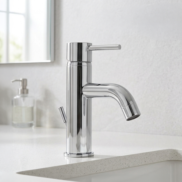 Einhebel-Waschtischmischer aus Chrom in modernem Design, montiert auf einem hellen Waschtisch in einem hellen, organisierten Badezimmer.
