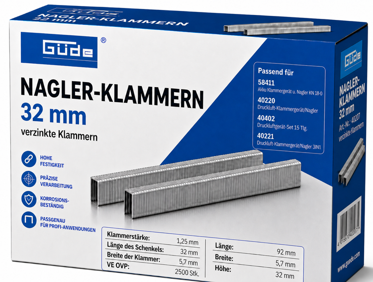 Güde Nagler Klammern 32 mm verzinkt, 2500 Stück im Karton für Druckluft- und Akku-Klammergeräte.