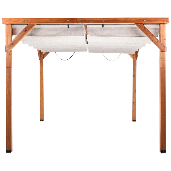 Pergola aus Holz mit ausziehbarem Sonnendach aus Textil.