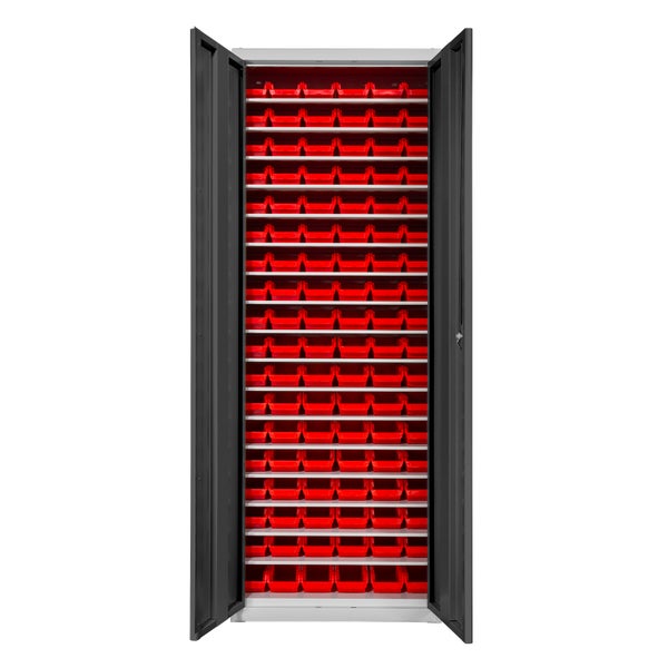 PROREGAL Flügeltürenschrank Owl mit 17 Fachböden + 108 Sichtlagerkästen | HxBxT 195x71x30cm | Lichtgrau/Anthrazitgrau | Spind, Kleinteillager