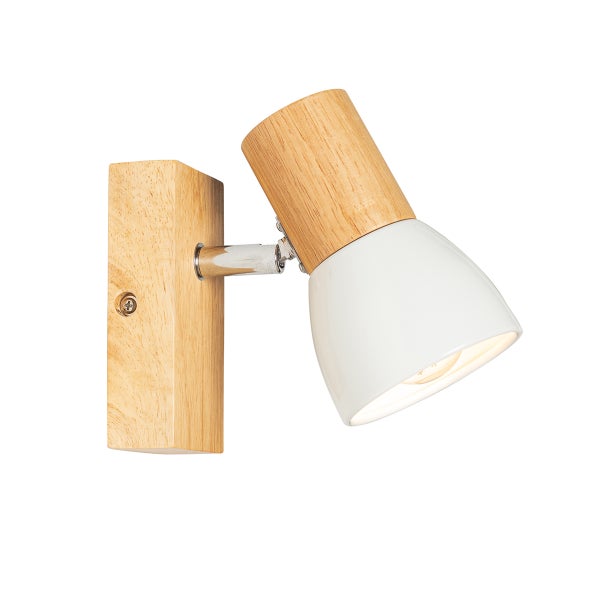 Moderne Wandleuchte aus Holz mit verstellbarem Strahler und Lampenschirm