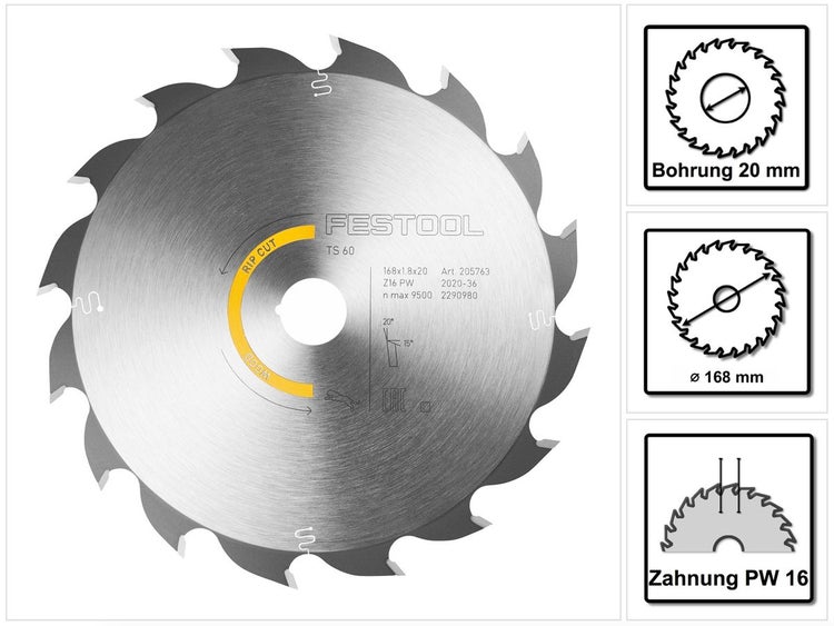Festool Kreissägeblatt Wood Rip Cut HW 168 x 1,8 x 20 PW16 ( 205763 ) für TS 60 K, CSC-SYS 50