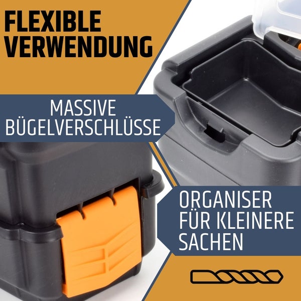 Werkzeugkoffer mit stabilen Bügelverschlüssen und Bohrer-Symbol