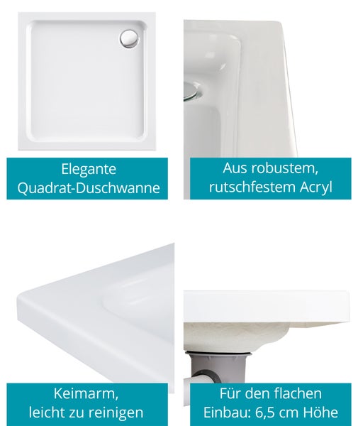 Calmwaters® - Modern Soft - Quadrat-Duschwanne in 90 x 90 x 6,5 cm im Komplettset mit Wannenträger & Ablaufgarnitur - 99000117