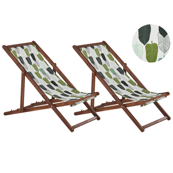 Set mit 2 klappbaren Liegestühlen ANZIO mit Ersatzstoffen Blumenmuster Akazienholz Dunkelbraun