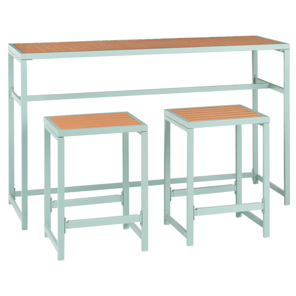 Bar-Set bestehend aus einem hohen Tisch und zwei Hockern, Metallgestell mit Lamellenoberfläche in Holzoptik.
