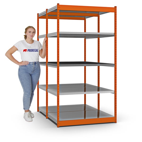 PROREGAL Fachbodenregal Stecksystem Vierkant-Profil Grundregal HxBxT 200 x 132,5 x 80 cm 2x5 Ebenen Doppelseitige Bauart Fachlast 200 kg Orange