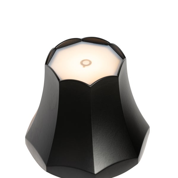 Moderne dekorative LED-Tischleuchte in Schwarz mit blütenförmigem Design und leuchtender Oberseite.