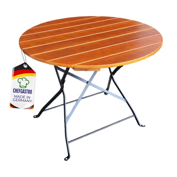 Runder brauner Biergartentisch aus Holz mit schwarzem Metallgestell von Chefgastro, Hergestellt in Deutschland.