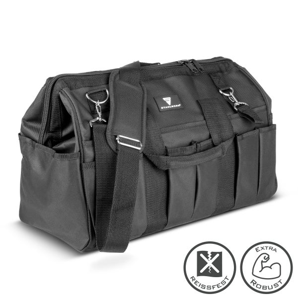 Stahlwerk Werkzeugtasche aus reißfestem und robustem Material mit Schultergurt und vielen Außentaschen zur Aufbewahrung von Werkzeug.