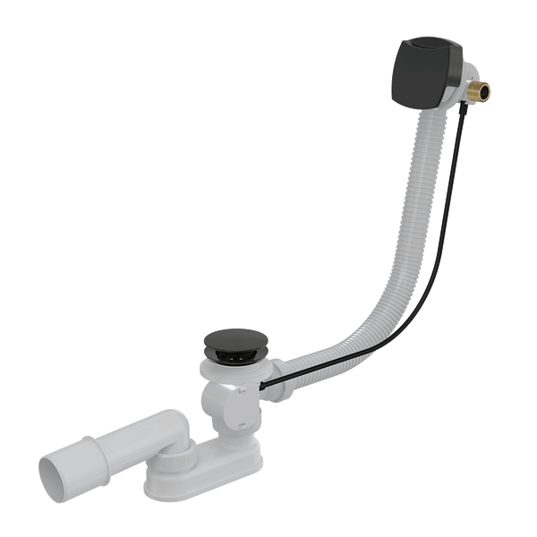 Ab- und Überlaufgarnitur für Badewannen mit Siphon, flexiblem Überlaufrohr und schwarzen Bedienelementen aus Kunststoff und Metall.
