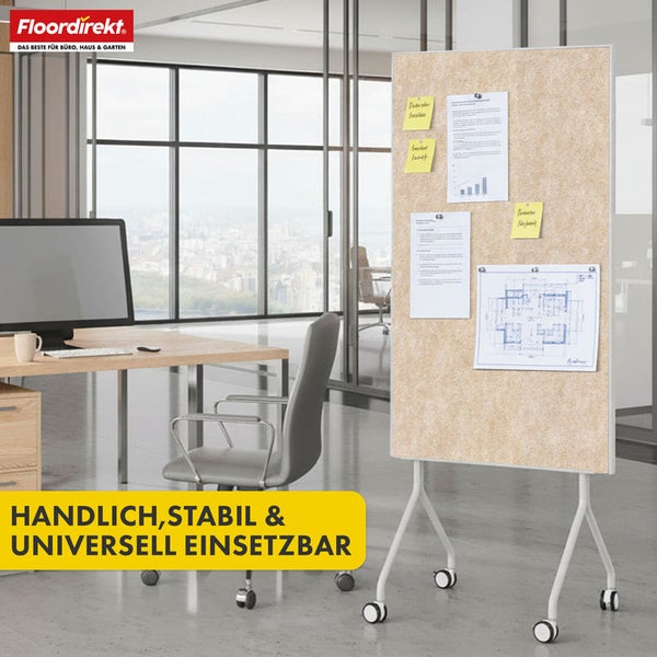 Mobile Korktafel mit Papierdokumenten in einem Büro, Floordirekt Logo